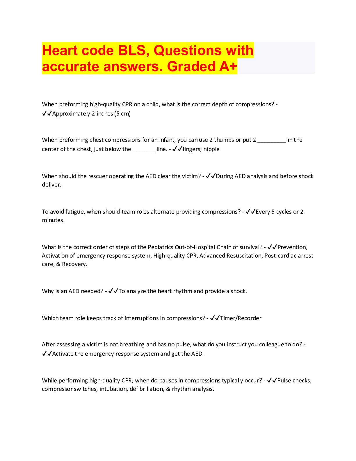 Preview image of Heart code BLS, Questions with accurate answers. Graded A+ document